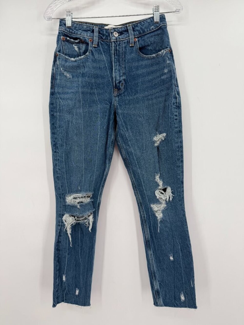 Abercrombie & Fitch Curve Love High Rise Mom Jeans Distressed Ankle Raw Hem 25
